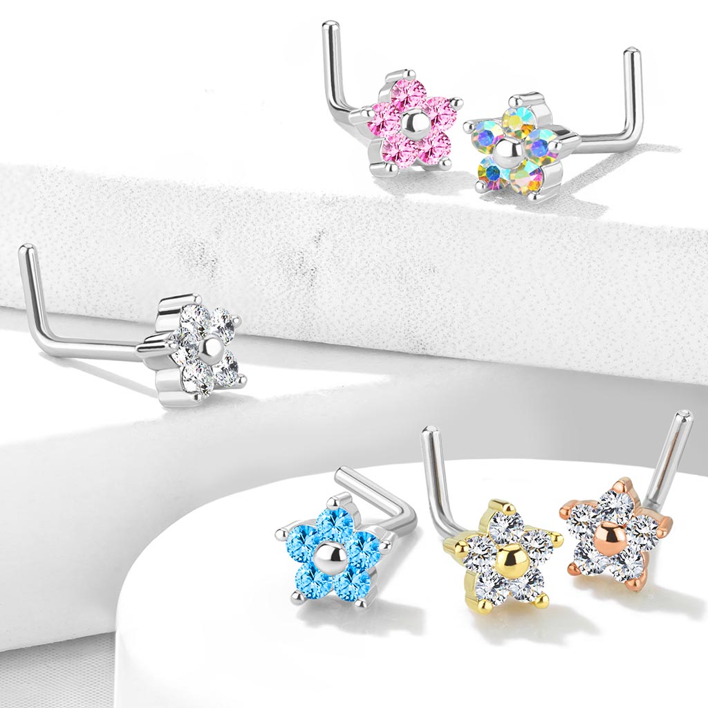 20 Gauge Five Petal Crystal Flower L Bend Nose Stud