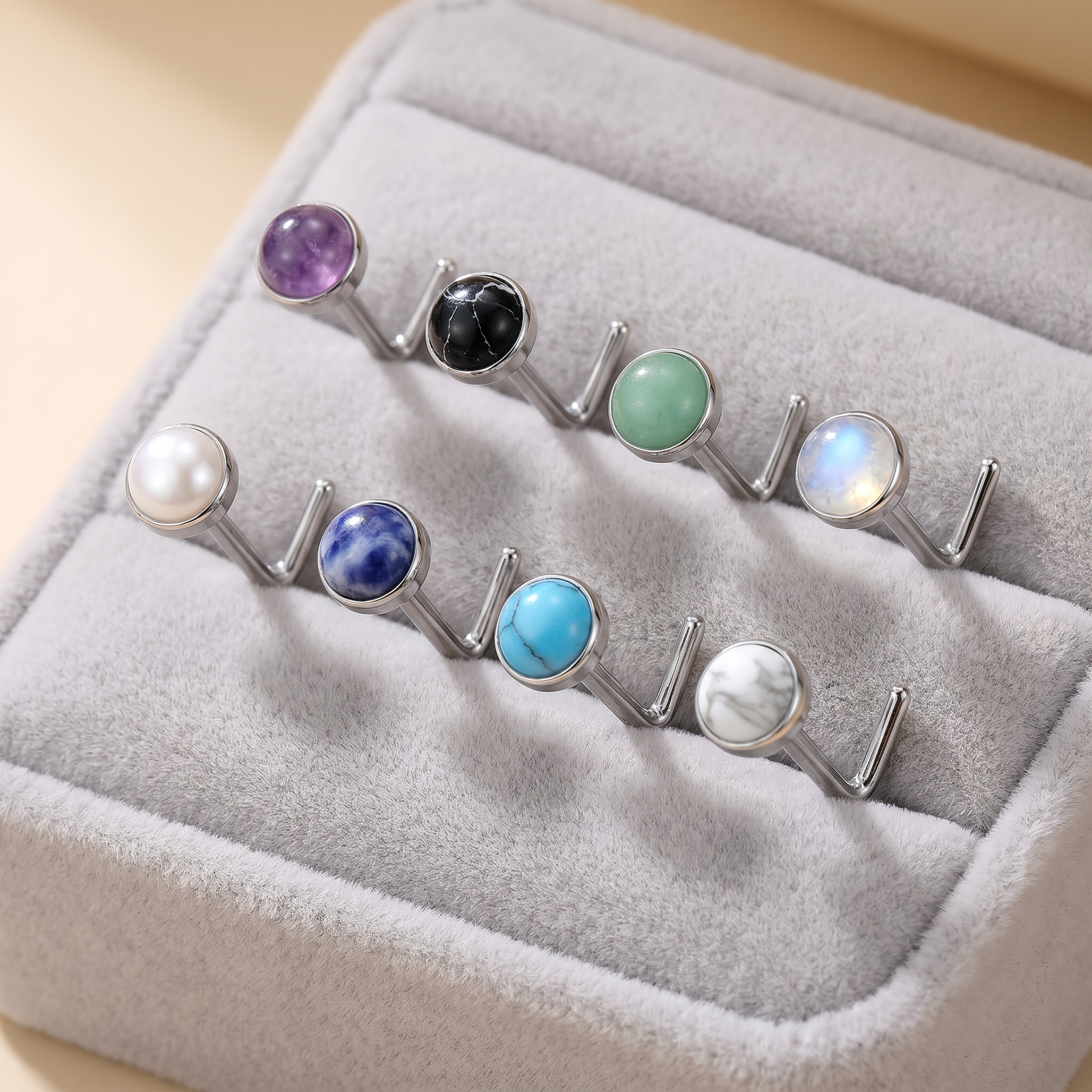Cherry Diva L Bend Nose Stud 8 Pack Hypoallergenic Semi Precious Stone Topped Nose Studs