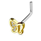 Cherry Diva L Bend Nose Stud Gold 20 Gauge Crystal Butterfly L-Bend Nose Stud