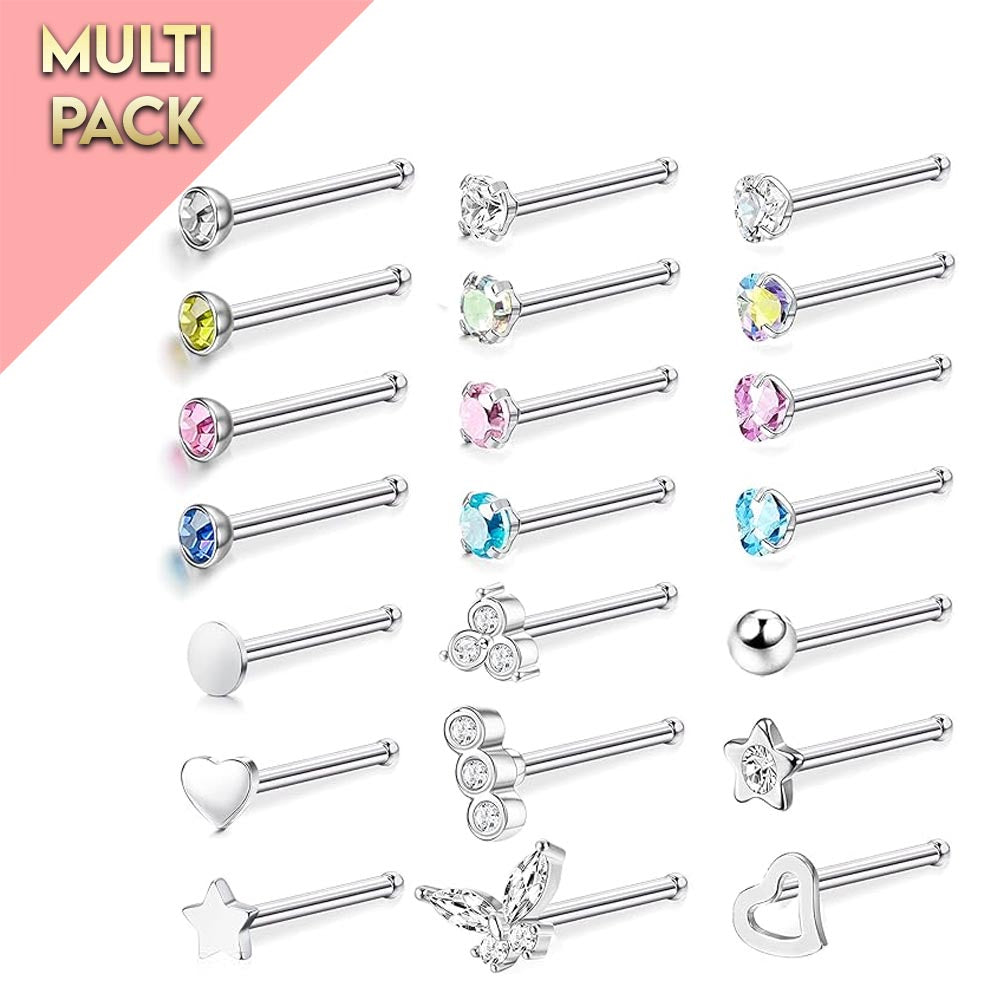 Multi Pack Of 21Straight Silver Nose Studs