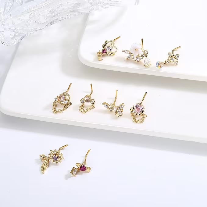 Cherry Diva L Bend Nose Stud Multi Pack Of 9 Gold L - Bend Crystal Nose Studs