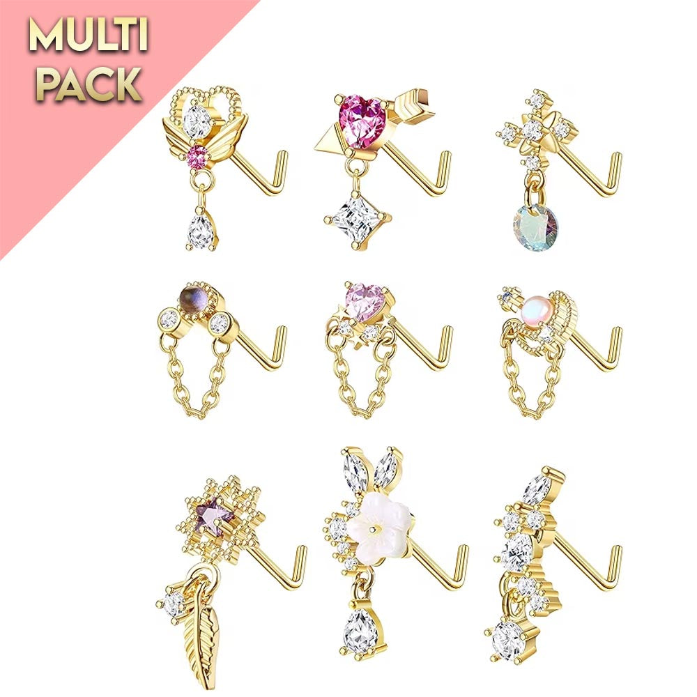 Cherry Diva L Bend Nose Stud Multi Pack Of 9 Gold L - Bend Crystal Nose Studs