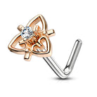 Cherry Diva L Bend Nose Stud Rose gold 20 Gauge Crystal Filigree Heart L-Bend Nose Stud