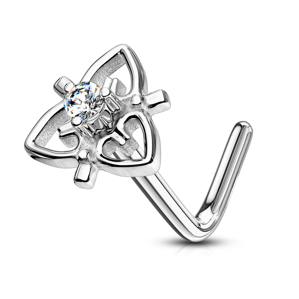 Cherry Diva L Bend Nose Stud Silver 20 Gauge Crystal Filigree Heart L-Bend Nose Stud