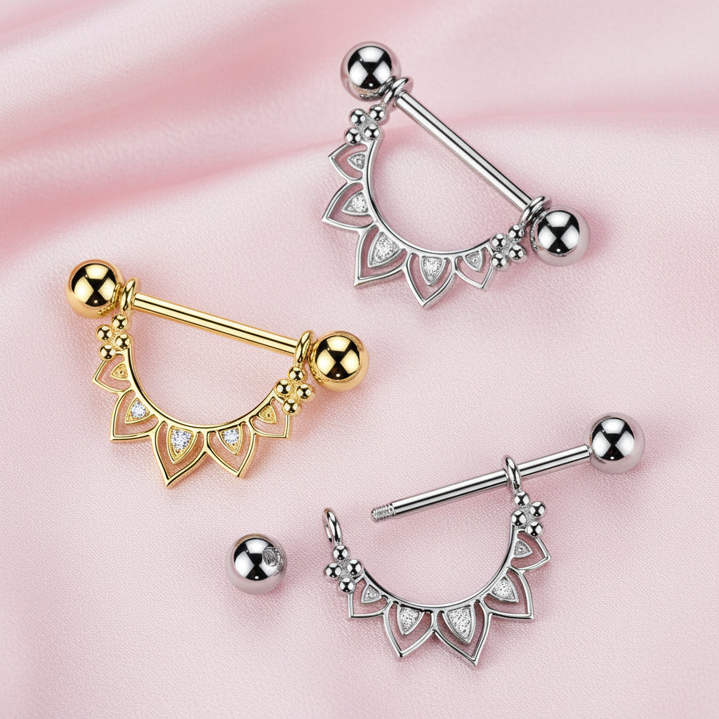 Cherry Diva Nipple Ring 14 Gauge Filigree Crystal Fan Nipple Barbell