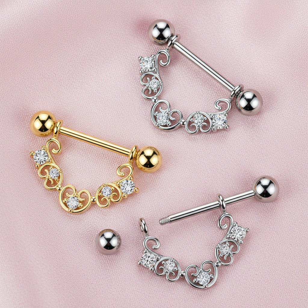 Cherry Diva Nipple Ring 14 Gauge Filigree Crystal Heart Nipple Barbell