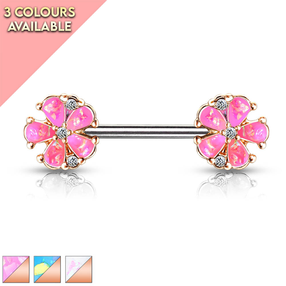 14 Gauge Opal Flower Barbell Nipple Ring Cherry Diva