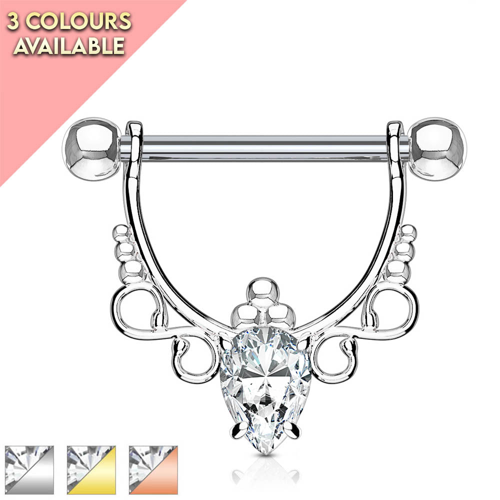 Cherry Diva Nipple Ring 14 Gauge Ornate Crystal Barbell Nipple Ring