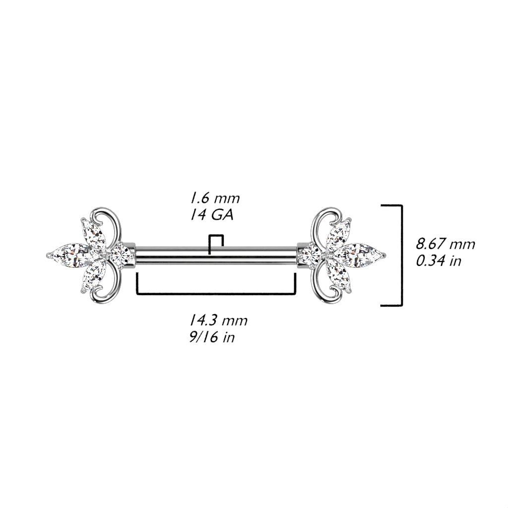 14 Gauge Triple Marquise Flower Barbell Nipple Ring