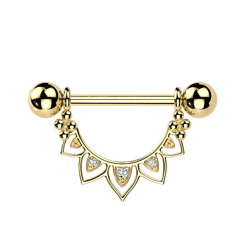 Cherry Diva Nipple Ring Gold 14 Gauge Filigree Crystal Fan Nipple Barbell