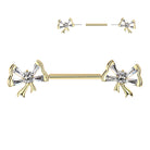 Cherry Diva Nipple Ring Gold 14 Gauge Threadless Crystal Bow Nipple Barbell