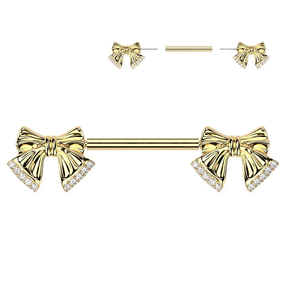 Cherry Diva Nipple Ring Gold 14 Gauge Threadless Crystal Ribbon Nipple Barbell