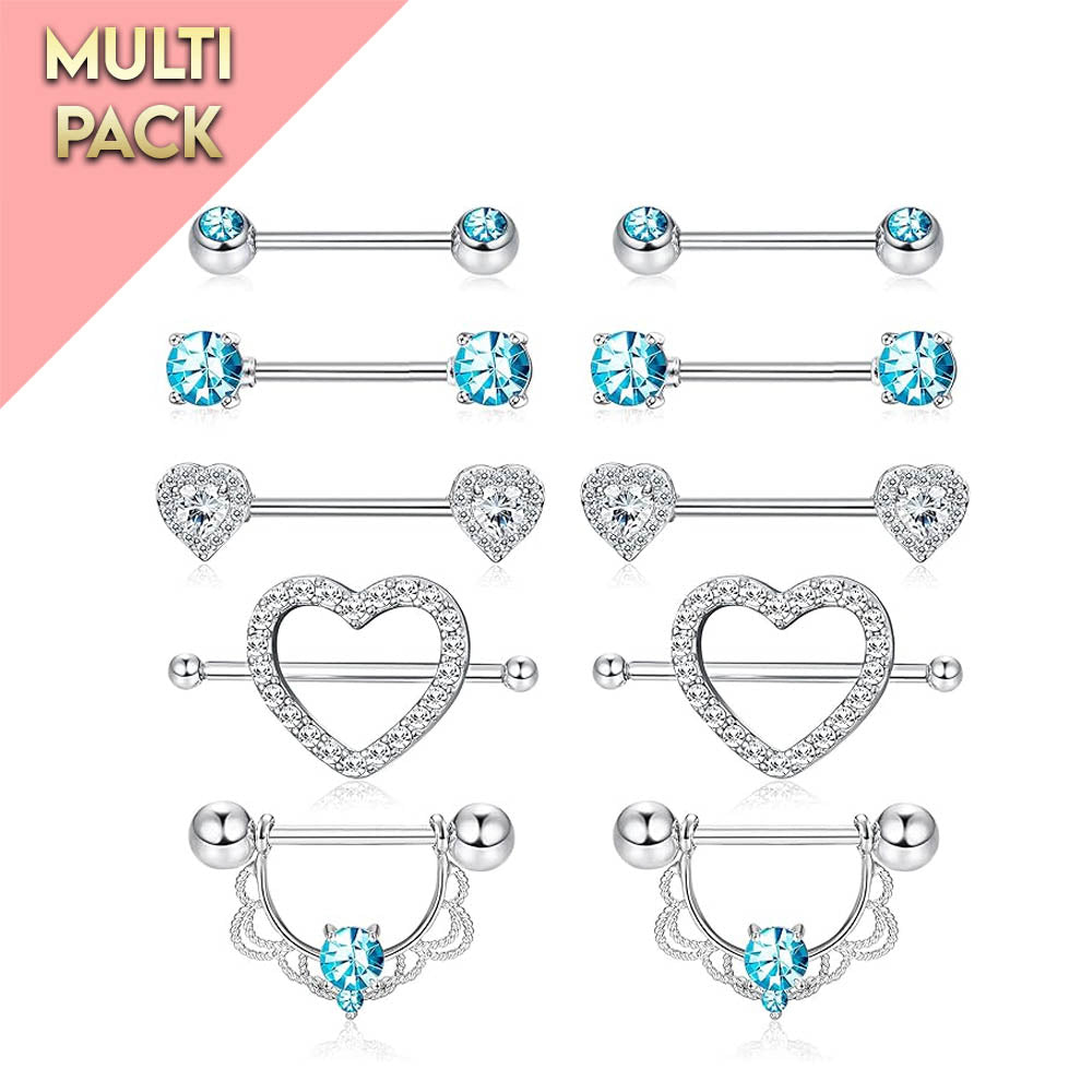 Multi Pack Of 10 Blue Crystal Heart Nipple Bars