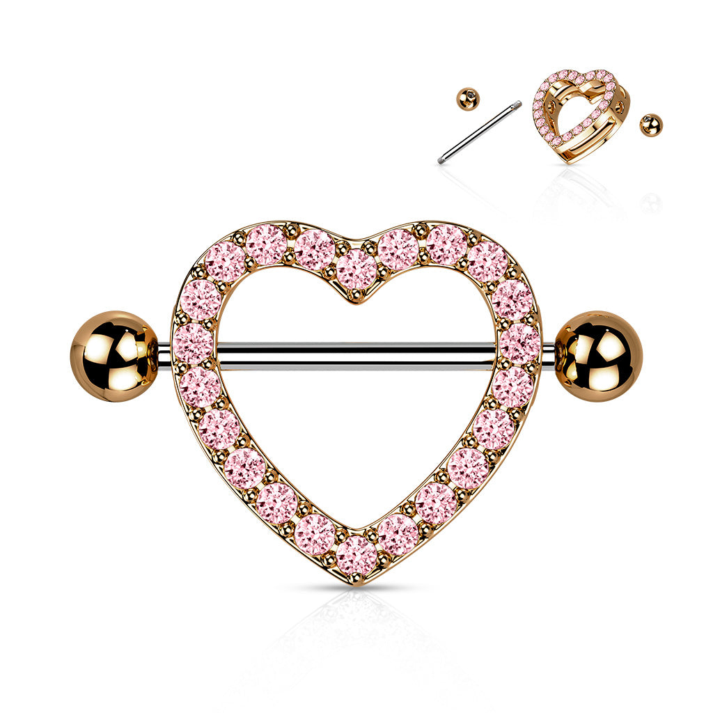 Cherry Diva Nipple Ring Pink 14 Gauge Crystal Heart Barbell Nipple Shield - Rose Gold