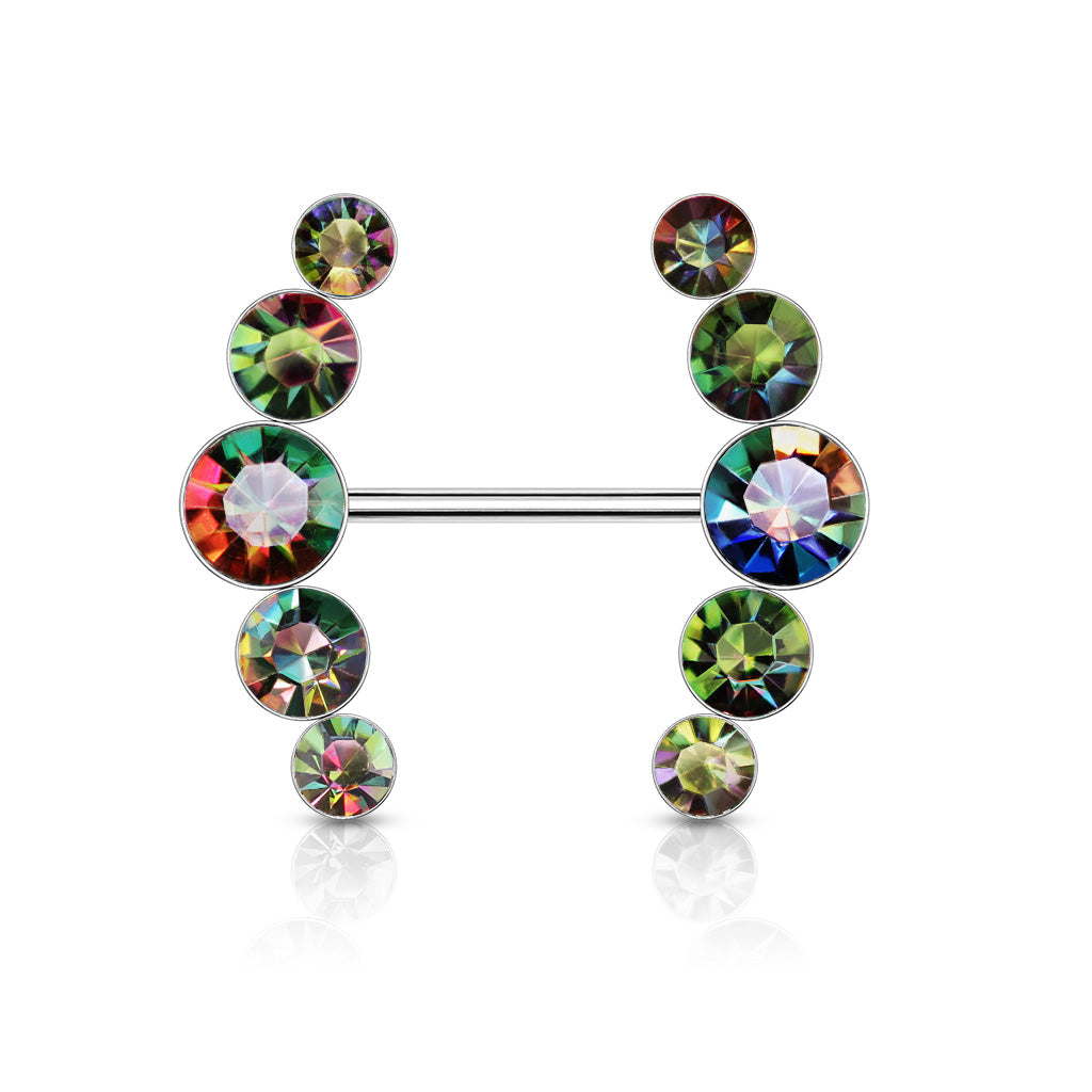 14 Gauge Double Row Gemstone Barbell Nipple Ring Rainbow