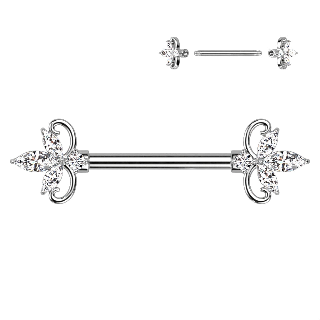 Cherry Diva Nipple Ring SILVER 14 Gauge Triple Marquise Flower Barbell Nipple Ring
