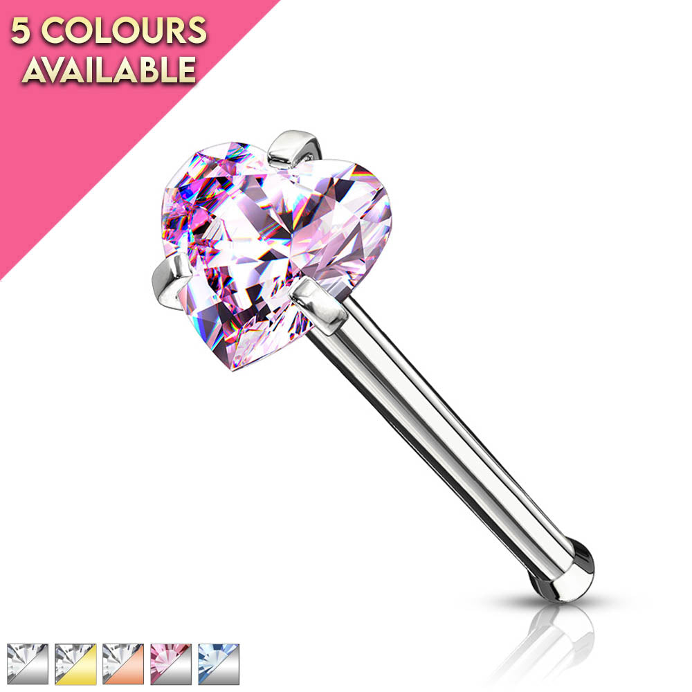 20 Gauge Prong Set Heart Top Surgical Steel Nose Stud