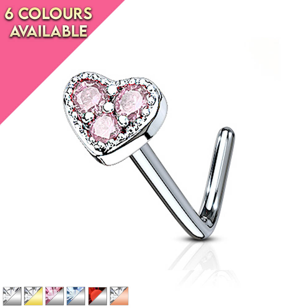 L Bend Crystal Heart Top Nose Stud