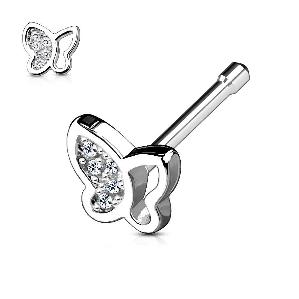 Cherry Diva Nose Stud Silver 20 Gauge Crystal Butterfly Straight Nose Stud
