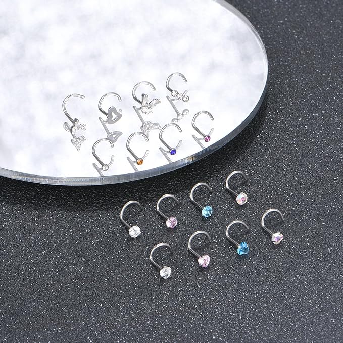 Multi Pack Of 16 Curved Crystal Nose Studs