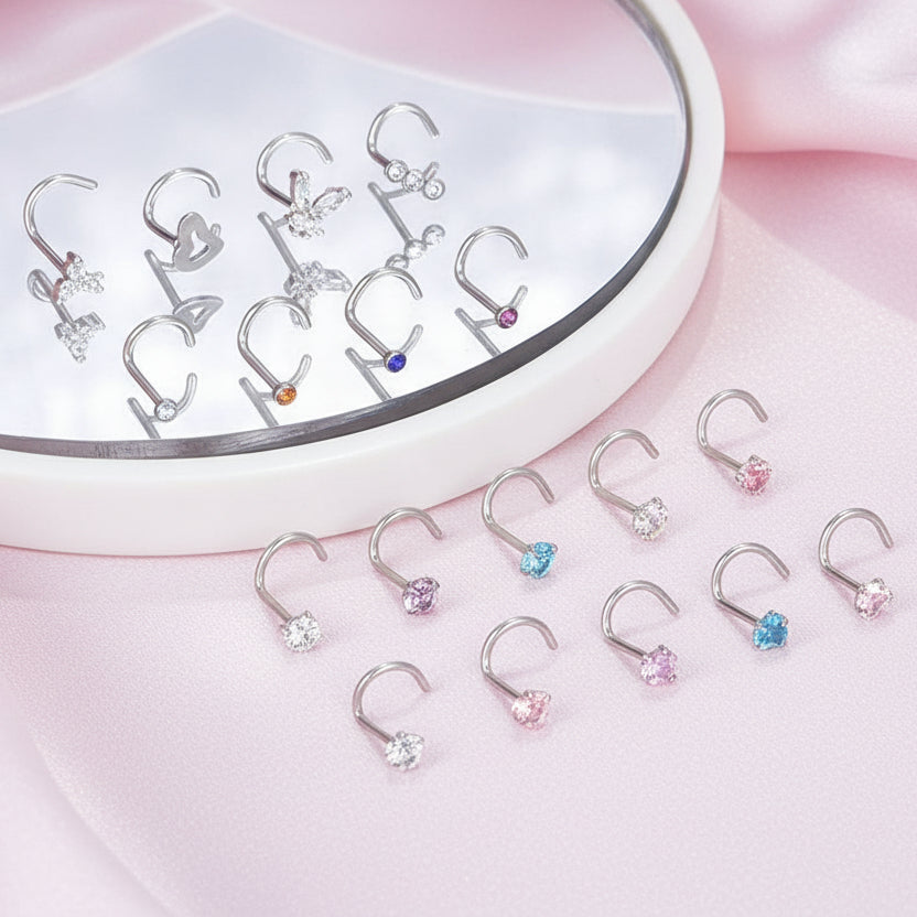 Cherry Diva Screw Nose Ring Multi Pack Of 16 Curved Crystal Nose Studs