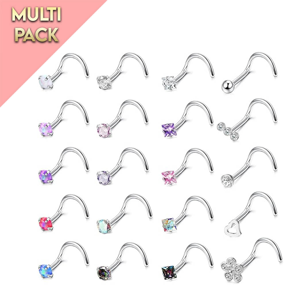 Multi Pack Of 20 Crystal Screw Nose Studs