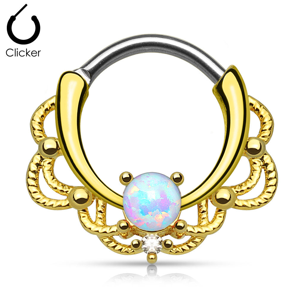 16 Gauge Ornate Opal Septum Ring - Gold