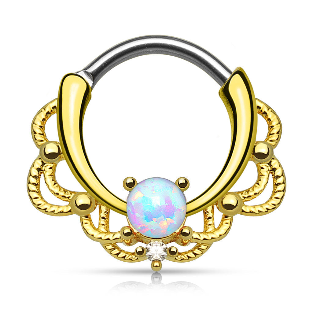 Cherry Diva Septum Ring 16 Gauge Ornate Opal Septum Ring - Gold
