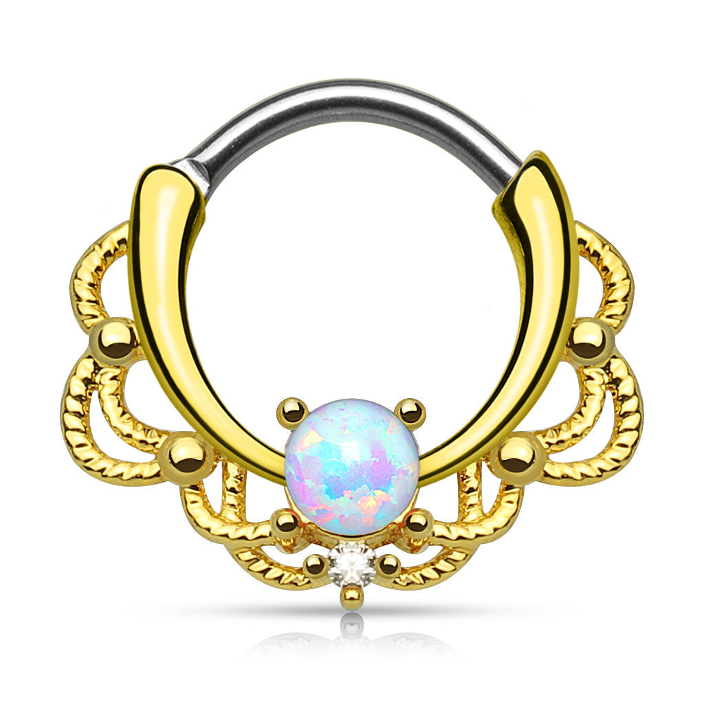 16 Gauge Ornate Opal Septum Ring - Gold