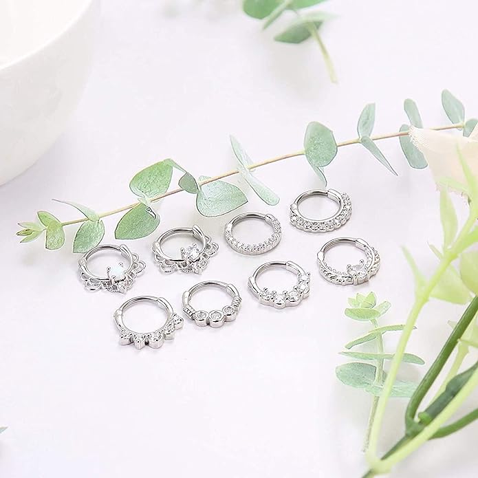 Cherry Diva Septum Ring Multi Pack Of 8 Silver & Crystal Septum Rings