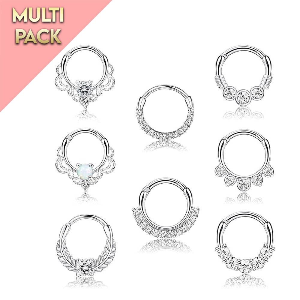 Multi Pack Of 8 Silver & Crystal Septum Rings