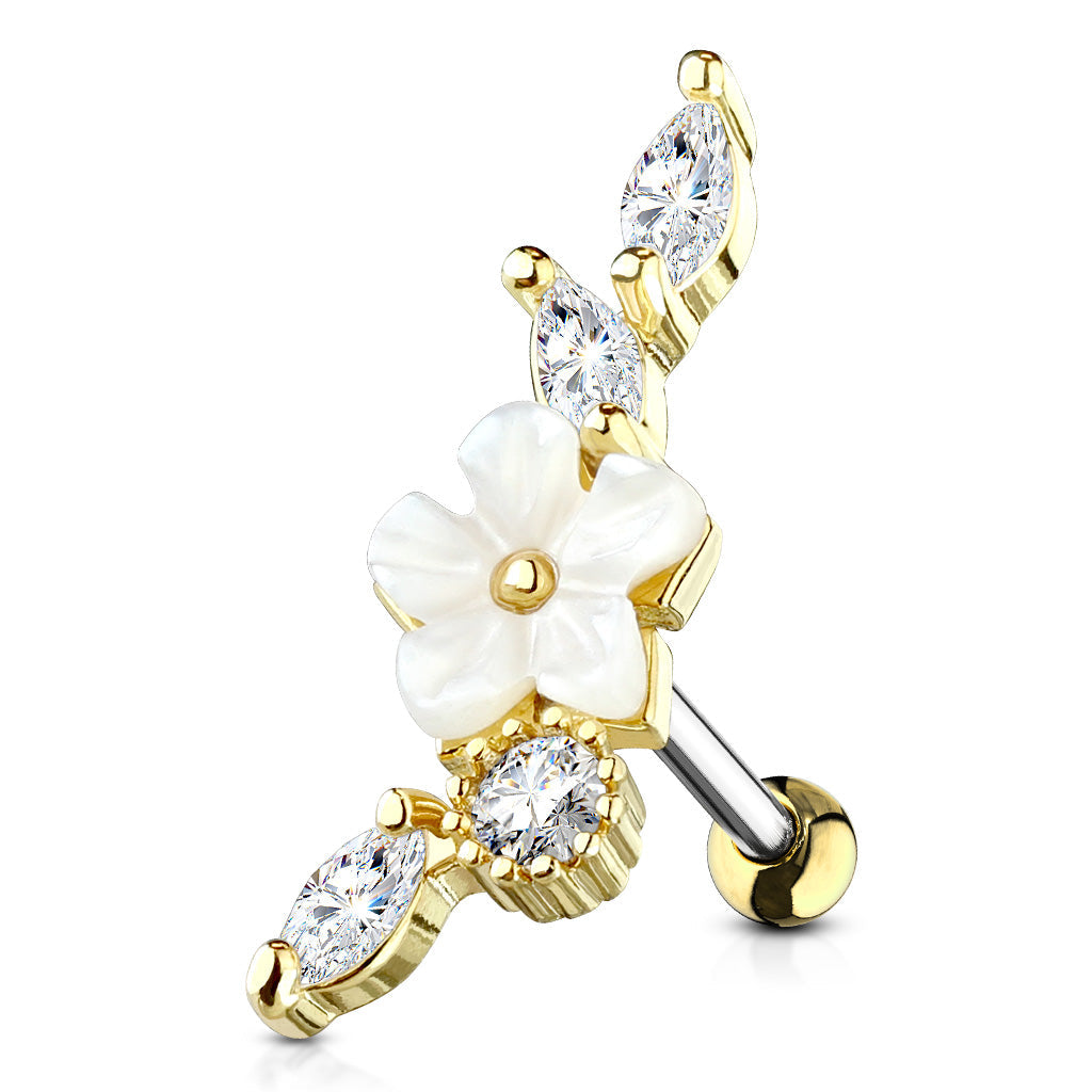 16 Gauge Crystal Flower & Vine Cartilage / Tragus Stud  Gold