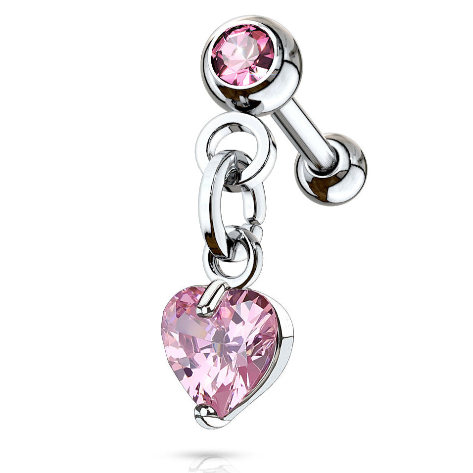 Cherry Diva Stud 16 Gauge Dangling Pink Crystal Heart Cartilage Stud