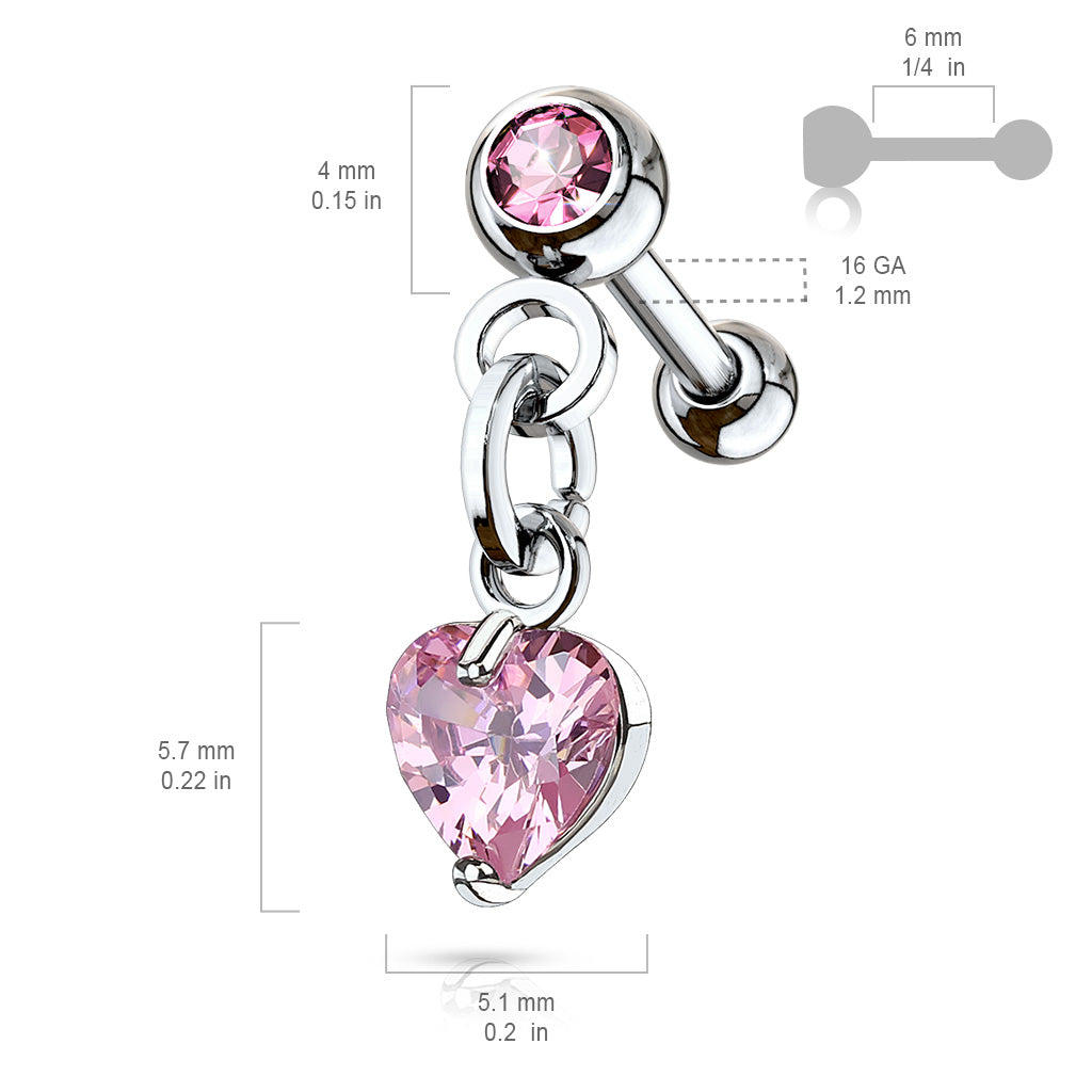 16 Gauge Dangling Crystal Heart Cartilage / Tragus Stud