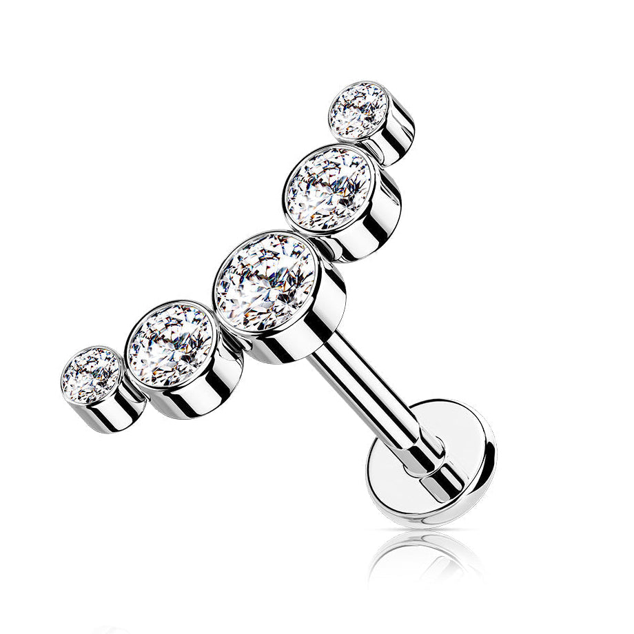Cherry Diva Flat Back Stud CLEAR CRYSTAL - 6MM 16 Gauge Internally Threaded Five Gem Curved Cartilage Stud