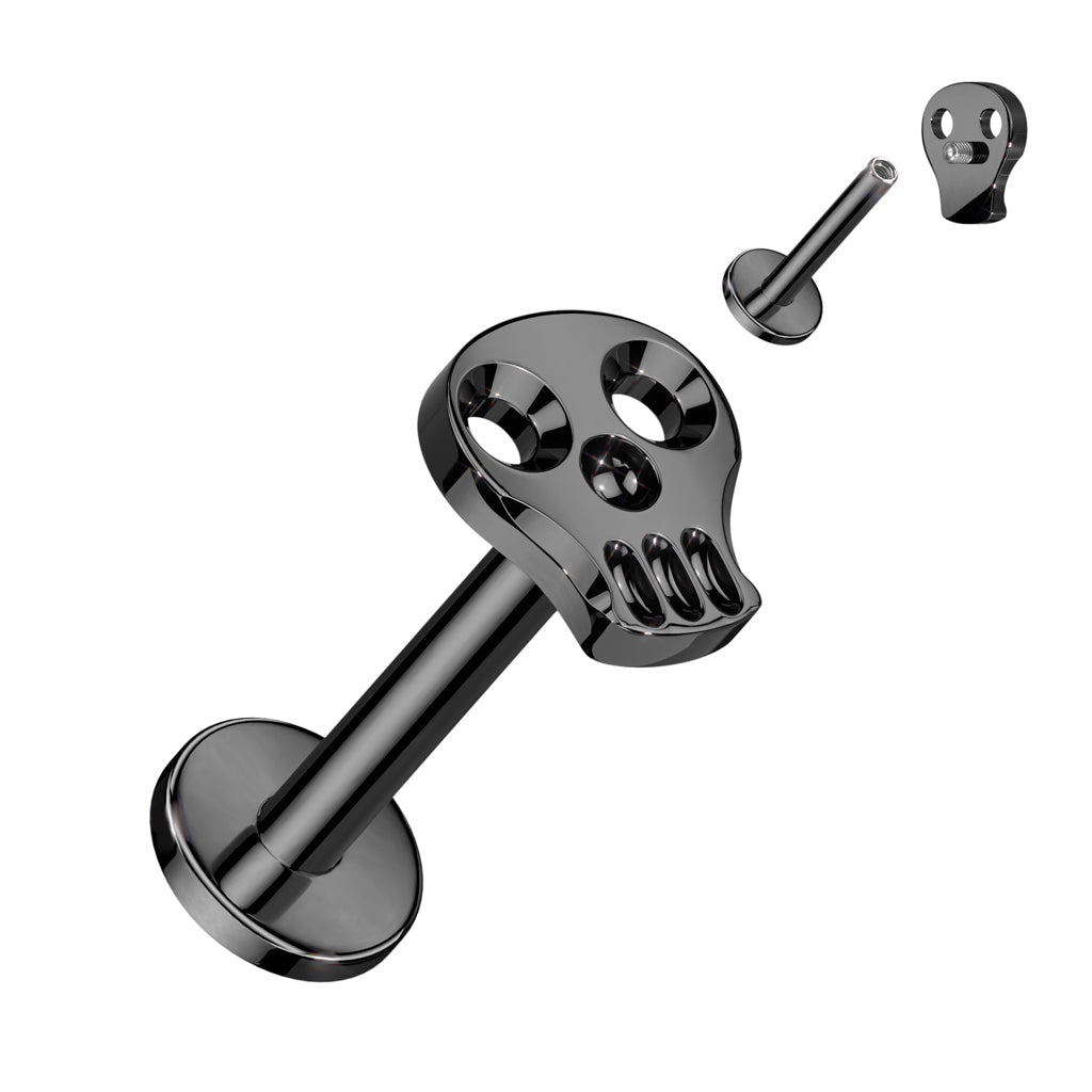 16 Gauge Titanium Internally Threaded Black Skull Stud