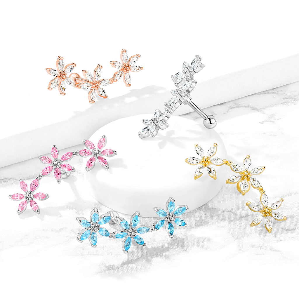 Cherry Diva Stud 16 Gauge Triple Crystal Flower Cartilage / Tragus Stud - Silver