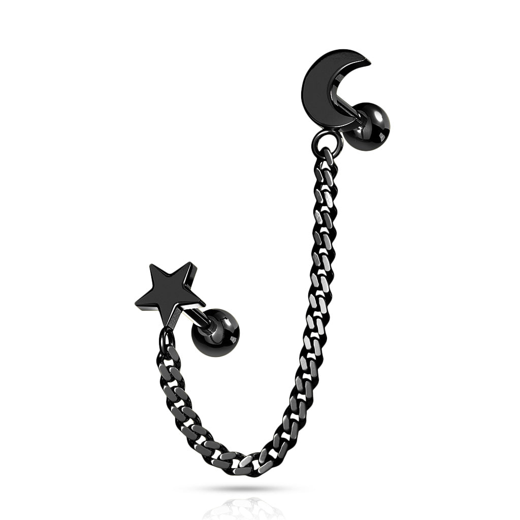 Cherry Diva Stud Black 16 Gauge Moon & Stars Chain Linked Stud