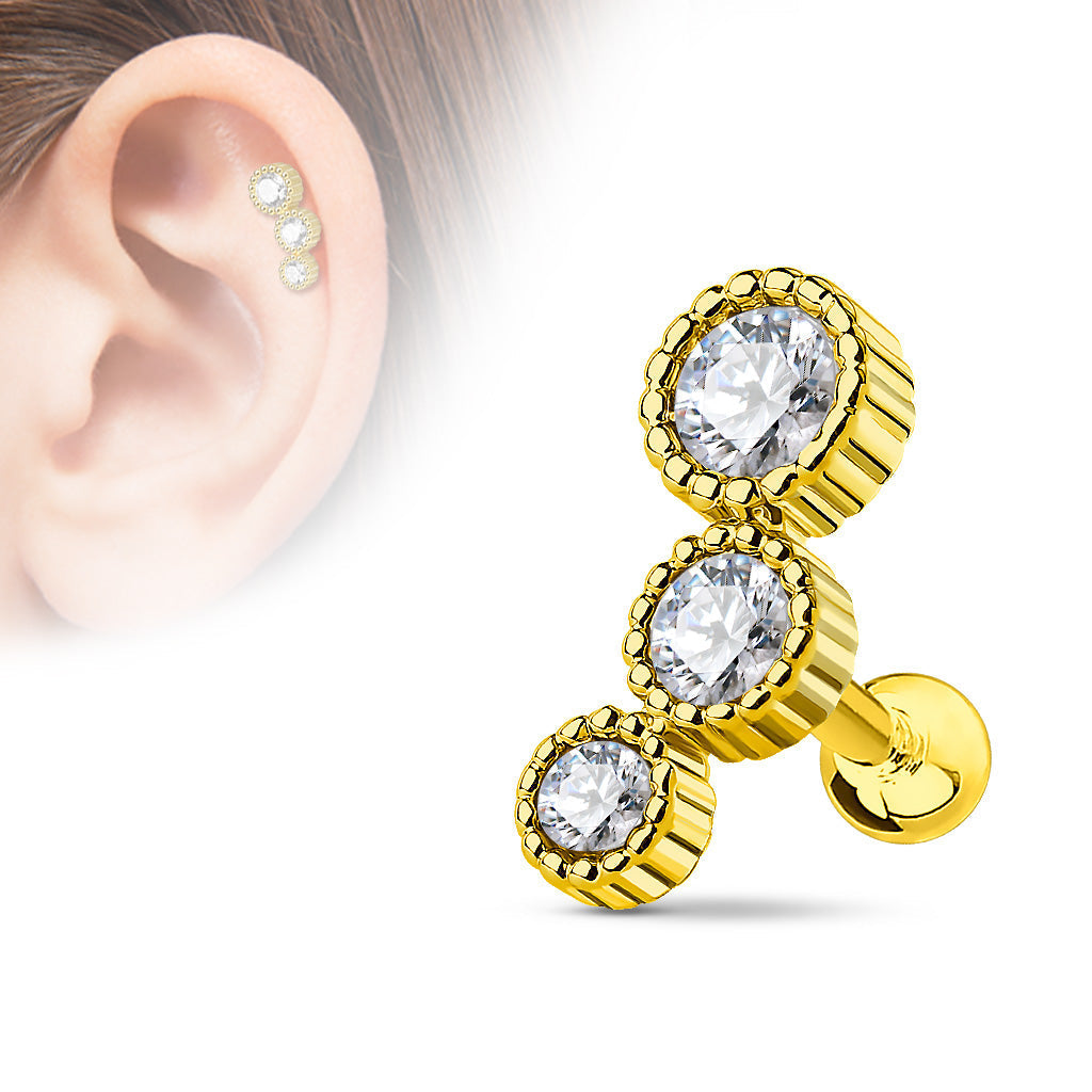 Cherry Diva Stud GOLD 16 Gauge Crystal Trio Cartilage / Tragus Stud
