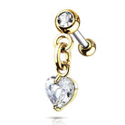 Cherry Diva Stud Gold 16 Gauge Dangling Crystal Heart Cartilage Stud