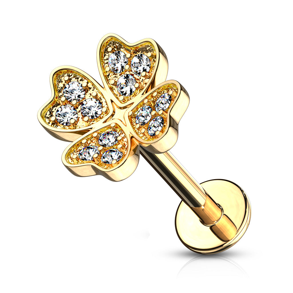 Cherry Diva Stud Gold 16 Gauge Flat Back Internally Threaded Crystal Shamrock Stud