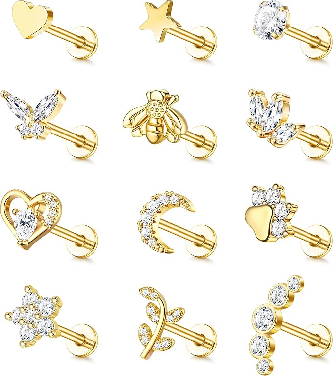 Cherry Diva Stud Gold / 6MM Multi Pack Of 12 Silver Cartilage / Labret Studs