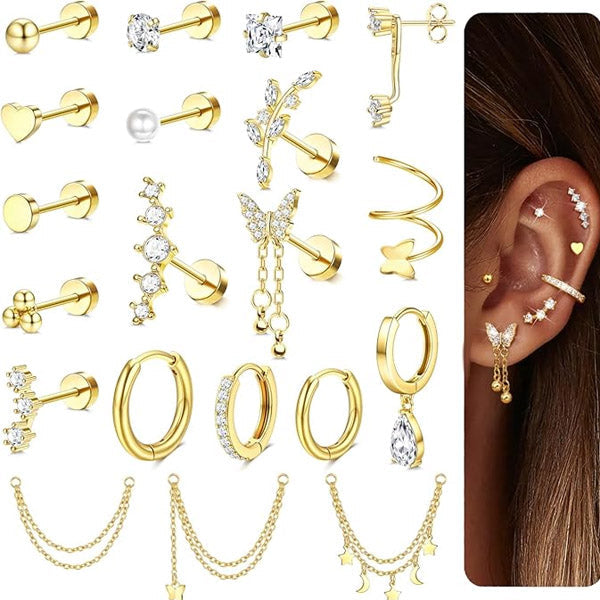 Cherry Diva Stud Gold Multi Pack of 20 Cartilage Studs & Hoops