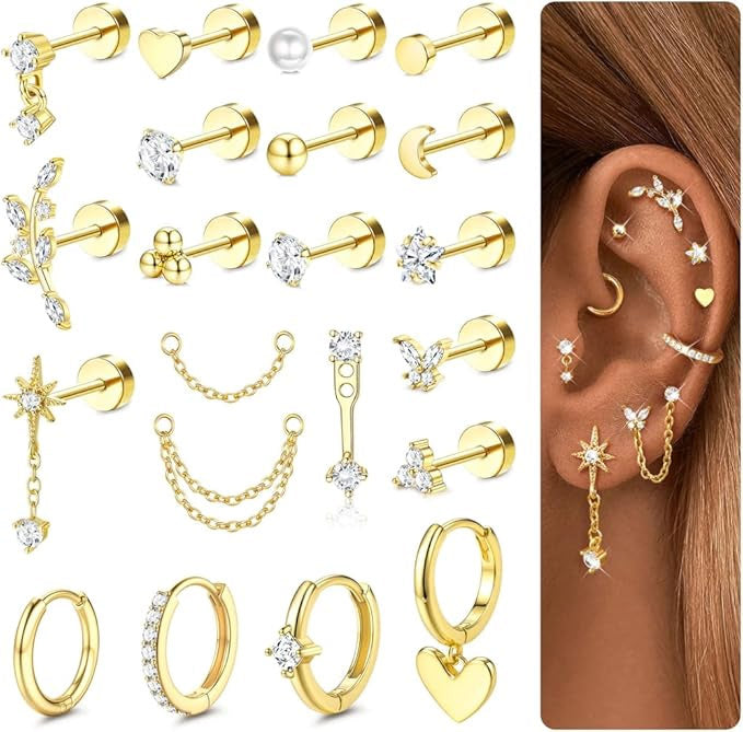 Cherry Diva Stud Gold Multi Pack of 21 Cartilage Studs & Hoops