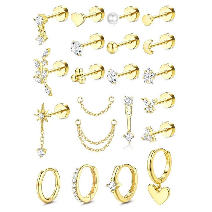 Cherry Diva Stud Gold Multi Pack of 21 Cartilage Studs & Hoops