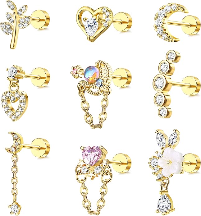 Cherry Diva Stud Gold Multi Pack Of 9 Dangling Flat Back Cartilage Studs