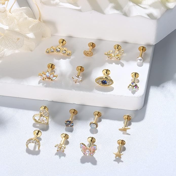 Cherry Diva Stud Multi Pack Of 16 Golden Cartilage / Labret Studs