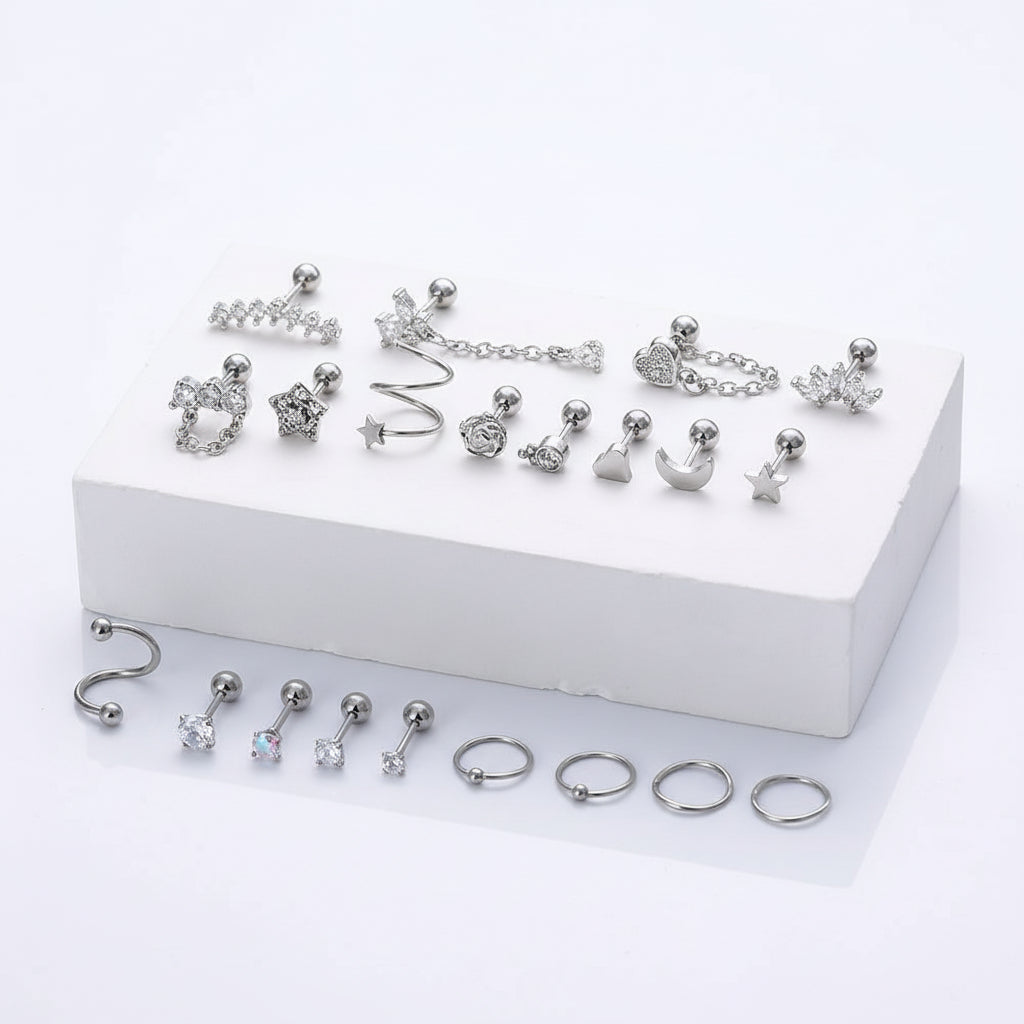 Cherry Diva Stud Multi Pack Of 21 Silver Hoops & Studs