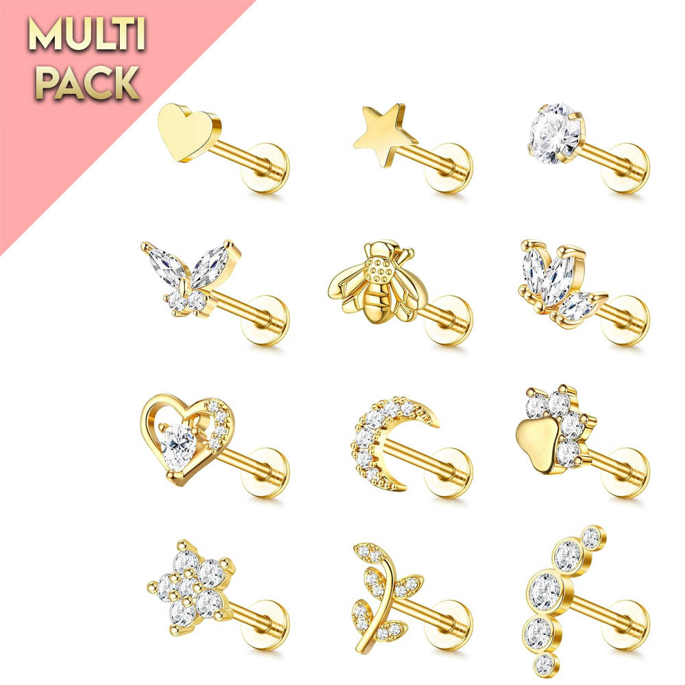 Multi Pack Of 12 Golden Cartilage / Labret Studs