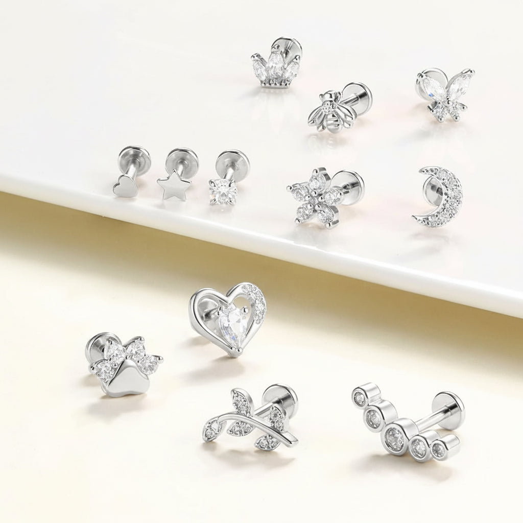 Cherry Diva Stud Multi Pack Of 12 Silver Cartilage / Labret Studs